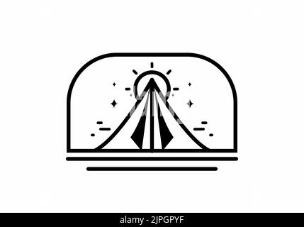 Schwarz-weiße Monoline aus Dreieckszelt und großem Sonnendesign Stock Vektor