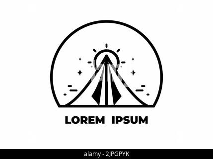 Schwarz-weiße Monoline aus Dreieckszelt und großem Sonnendesign Stock Vektor