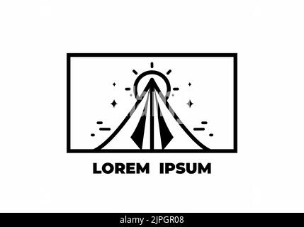 Schwarz-weiße Monoline aus Dreieckszelt und großem Sonnendesign Stock Vektor