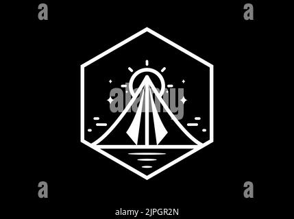 Schwarz-weiße Monoline aus Dreieckszelt und großem Sonnendesign Stock Vektor