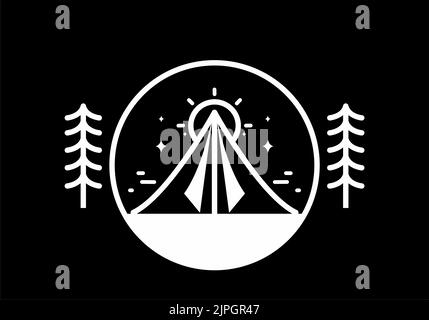 Schwarz-weiße Monoline aus Dreieckszelt und großem Sonnendesign Stock Vektor