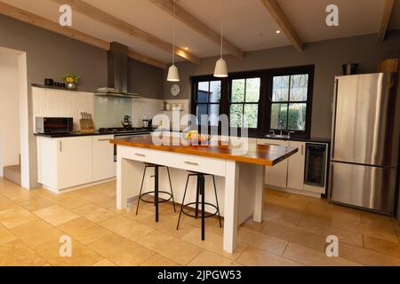 Allgemeine Ansicht des luxuriösen Innenraums der Küche mit Arbeitsplatte und Kühlschrank Stockfoto