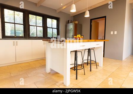 Allgemeine Ansicht des luxuriösen Innenraums der Küche mit Arbeitsplatte und Kühlschrank Stockfoto