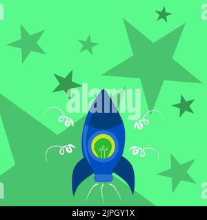 Raketenstart Feuer Zurücklassen Und Wichtige Botschaft Präsentieren. Raumschiff Fliegt Im Himmel Und Zeigt Krutiale Informationen. Neue Ideen Vorgestellt Stock Vektor