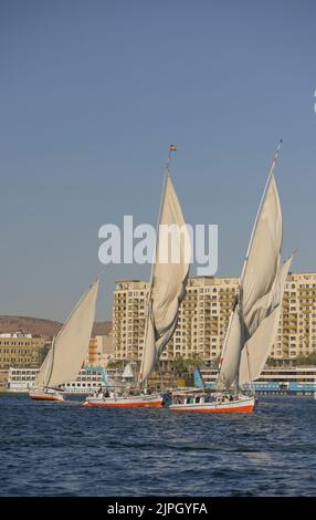 Segelschiffe, Ausflugboote auf dem Nil bei Assuan, Ägypten Stockfoto