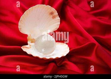 Offene Meeresmuschel mit einer großen Glaskugel aus Kristall, auf rotem Satin-Hintergrund, abstrakte Schablone für Valentinstag. Stockfoto