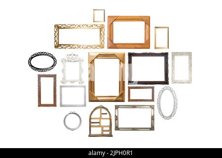 Mehrere leere Rahmen mit verschiedenen Farben und Texturen, isoliert auf weißem Hintergrund Stockfoto