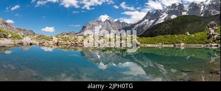 Das Panorama des Oberhornsee mit der Jungfrau, dem Mittaghorn und dem Grosshorn. Stockfoto