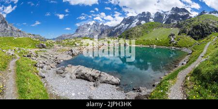 Das Panorama des Oberhornsee mit der Jungfrau, dem Mittaghorn und dem Grosshorn. Stockfoto