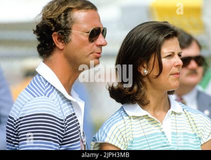 OLYMPISCHE SOMMERSPIELE LOS ANGELES 1984 Schwedisches Königspaar am Lake Casitas und das Kanurennen Stockfoto