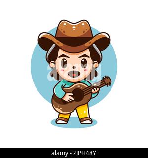 Niedliche Cowboy spielen Gitarre geeignet für Maskottchen Logo und Print-Design Stock Vektor