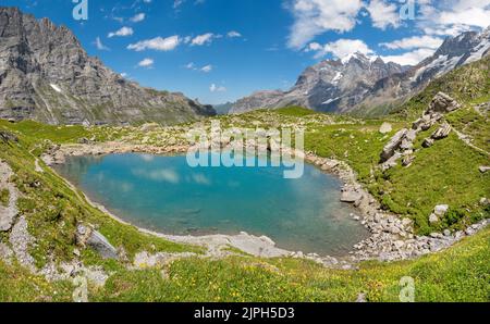 Das Panorama des Oberhornsee mit dem Jungfraugipfel. Stockfoto