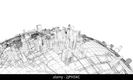 Stadt auf einem kleinen Planeten. Vektorrendering von 3D Stock Vektor