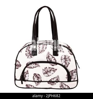 Eine weiße Sporttasche für Frauen mit Federmustern auf weißem Hintergrund Stockfoto