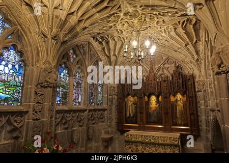 Innenseite der Hereford-Kathedrale Kapelle mit gewölbter Steindecke, gewidmet Bischof John Stanbury - 5 College Cloisters, Cathedral Close, HR1 2NG Stockfoto