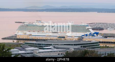 Seattle - 14. August 2022; Discovery Princess Cruise Ship am Pier 91 Terminal in Seattle im Morgengrauen mit Hauptsitz der Expedia Group im Vordergrund Stockfoto