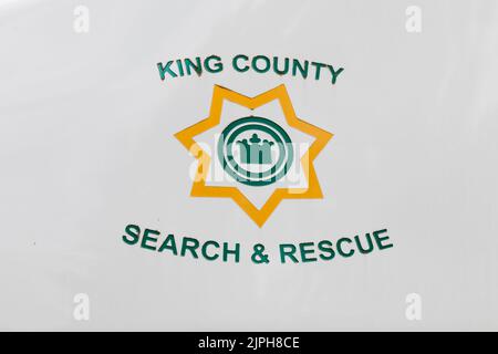 North Bend, WA, USA - 13. August 2022; Logo für King County Search and Rescue auf Fahrzeug Stockfoto