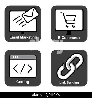 Eine Reihe von monochromen E-Mail-Marketing-, E-Commerce-, Codierungs- und Linkbuilding-Symbolen Stock Vektor