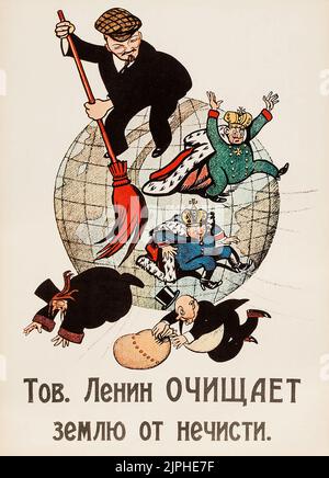 Sowjetisches Propagandaplakat (R-1960s). Russisches Plakat feat Lenin reinigt die Welt. Stockfoto