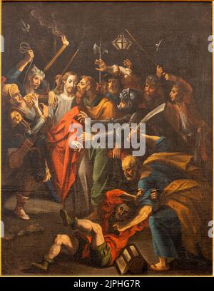 CHAMONIX, FRANKREICH - 5. JULI 2022: Gemälde des Gemäldes der Verhaftung Jesu im Garten Gethsemane in der Kirche St. Michael von einem unbekannten Künstler Stockfoto