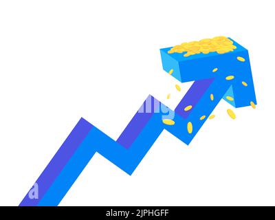 Trend nach oben, Trend Richtung Pfeil isoliert auf weißem Hintergrund. Fallende Goldmünzen. Fondsinvestitionen. Design für Banner, Poster und Werbematerialien Stock Vektor