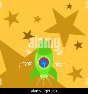 Raketenstart Feuer Zurücklassen Und Wichtige Botschaft Präsentieren. Raumschiff Fliegt Im Himmel Und Zeigt Krutiale Informationen. Neue Ideen Vorgestellt Stock Vektor