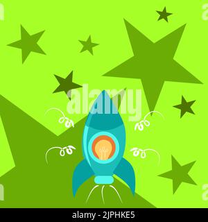 Raketenstart Feuer Zurücklassen Und Wichtige Botschaft Präsentieren. Raumschiff Fliegt Im Himmel Und Zeigt Krutiale Informationen. Neue Ideen Vorgestellt Stock Vektor
