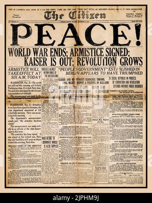 FRIEDEN WW1 endet. Schlagzeile der Zeitung "FRIEDEN" vom 11. 1918. November die Zeitung Citizen fasst die Gebete von Millionen nach einem zermürbenden Zermürbungskrieg mit gewaltigem Todesopfer zusammen Erster Weltkrieg der Erste Weltkrieg Stockfoto