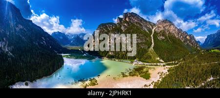 südtirol, dolomiten, dürrensee, drohnenflug, lago di landro, südtiroler, Dürrenseere Stockfoto