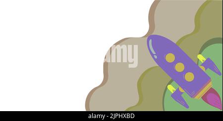 Raketenstart Feuer Zurücklassen Und Wichtige Botschaft Präsentieren. Raumschiff Fliegt Im Himmel Und Zeigt Krutiale Informationen. Neue Ideen Vorgestellt Stock Vektor