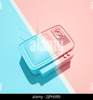 Creative 3D Illustration Konzept von pastellfarbenen Retro-blauen und rosa Fernseher auf dem Hintergrund. Alternative Vintage Retro-Ästhetik. Stockfoto