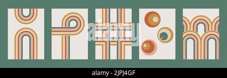 Set aus geometrischen Retro-Drucken mit 70 s groovigen Wanddekor. Abstrakte Poster für moderne ästhetische Innenräume. Bedruckbare Vintage-Grafiken. Linie, Bogen und Regenbogen. Stock Vektor