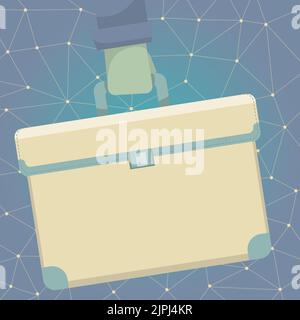 Hand In Shirt Sleeve Holding Aktenkoffer Auf Farbechtem Netzwerk-Muster-Hintergrund. Schüler Hängende Schultasche Mit Schnalle, Nahaufnahme. Geschäftskonzept. Stock Vektor