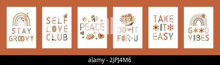 Satz grooviger Zitate. 70 s Karte druckt mit Regenbogenbuchstaben. Druckbare Vektor für Wanddekor, Karten, Plakate in gelb, orange, braun, Grüner Jahrgang c Stock Vektor