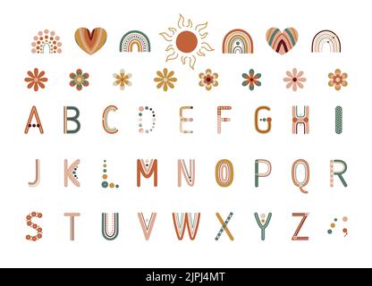 Rainbow Alphabet Buchstaben in Retro-Farben in 70 s groovy Stil mit Blumen, Herzen und Sonne gesetzt. Vintage Regenbögen für Wanddekor, Karten, Drucke, Poster Stock Vektor