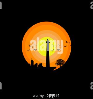 Ein Logo eines Sonnenuntergangs in Kreisform mit Halloween im Inneren auf schwarzem Hintergrund Stock Vektor