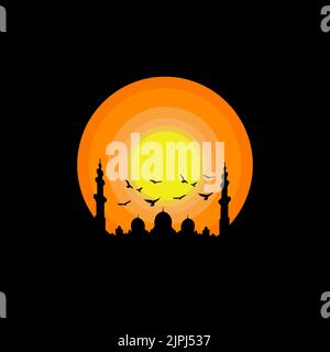 Logo eines Sonnenuntergangs in Kreisform mit arabischer Silhouette auf schwarzem Hintergrund Stock Vektor