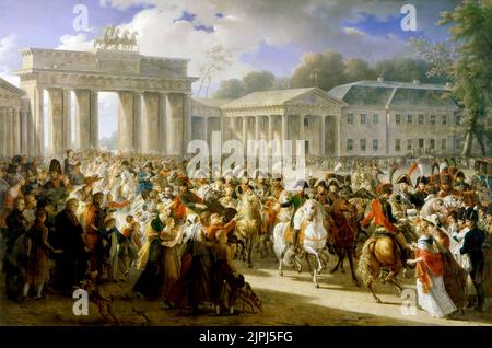 Nach dem Sieg über preußische Truppen in Jena trat die französische Armee am 27. Oktober 1806 in Berlin ein. Charles Meynier Napoleon durchläuft nach der Schlacht bei Jena-Auerstedt (1806) das Brandenburger Tor. Gemalt von Charles Meynier im Jahre 1810. Stockfoto