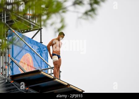 Roma, Italien. 18. August 2022. BARALDI Davide ITA ITALY27m Men High Diving Roma, 18/8/2022 Parco del Foro Italico XXVI len European Championships Roma 2022 Foto Andrea Masini/Deepbluemedia/Insidefoto Kredit: Insidefoto di andrea staccioli/Alamy Live News Stockfoto