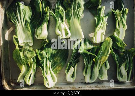 Schneiden Sie die Babybok Choi fertig zum Braten auf einer Pfanne Stockfoto