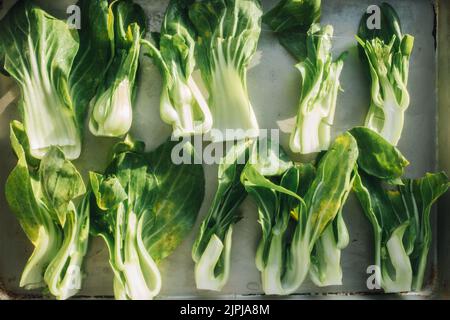 Schneiden Sie die Babybok Choi fertig zum Braten auf einer Pfanne Stockfoto