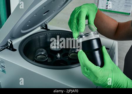 Laborwissenschaftler, der Blutproben in die Zentrifuge legt. Medizinisches Forschungslabor Stockfoto