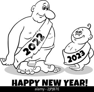 Schwarz-Weiß-Grußkarte Cartoon-Illustration mit alten Jahr und Neujahr Stock Vektor
