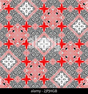 Rot-schwarzes, nahtlos Arabeske Mosaik-Bandana-Muster. Moderner maskuliner Halstuch mit geometrischem Schals-Druck, abstrakter Grafikmode und Tapetenkunst Stockfoto