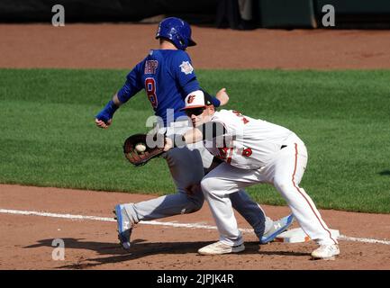 Baltimore, USA. 18. August 2022. BALTIMORE, MD – 18. AUGUST: Chicago Cubs Left Fielder Ian Happ (8) huscht zurück zum Anfang, als Baltimore Orioles erster Baseman Ryan Mountcastle (6) den Pitcher-Wurf während eines MLB-Spiels zwischen den Baltimore Orioles und den Chicago Cubs am 18. August 2022 im Orioles Park in Camden Yards in Baltimore, Maryland, sammelt. (Foto von Tony Quinn/SipaUSA) Quelle: SIPA USA/Alamy Live News Stockfoto