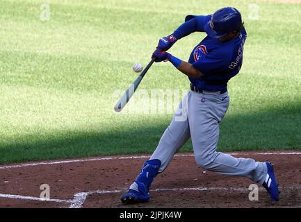 Baltimore, USA. 18. August 2022. BALTIMORE, MD - AUGUST 18: Chicago Cubs Zweiter Baseman Zach McKinstry (6) bei bat während eines MLB-Spiels zwischen den Baltimore Orioles und den Chicago Cubs, am 18. August 2022, im Orioles Park in Camden Yards, in Baltimore, Maryland. (Foto von Tony Quinn/SipaUSA) Quelle: SIPA USA/Alamy Live News Stockfoto