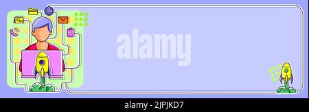 Illustration Mit Mann Tippen Neue Ideen Auf Lap Top Mit Rockets Im Hintergrund. Geschäftsmann mit S um Kopf schreiben Aktuelle Informationen über Computer. Stock Vektor