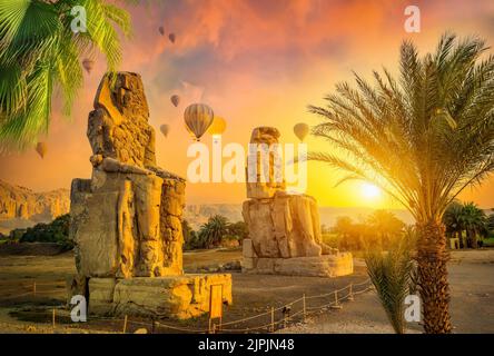 Sonnenuntergang, ägypten, Kolosse von memnon, Sonnenuntergänge, ägyptisch, ägypten, Kolosse von Memnonen Stockfoto