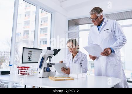 Gemeinsam die Zukunft der wissenschaftlichen Forschung und Entwicklung verändern: Zwei Wissenschaftler arbeiten gemeinsam an einem digitalen Tablet in einem Labor. Stockfoto