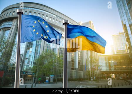 Flagge, parlament, eu, brüssel, Stand mit der ukraine, Flaggen, Parlamente Stockfoto